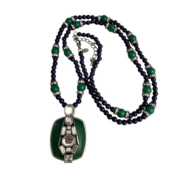 Lia Sophia Retired Art Deco Inspired Necklace Green Crystal Pendant Beaded - Picture 10 of 11